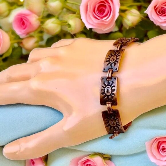 Copper Bracelet Vintage Sun Face Rectangular Links Southwestern Boho - Picture 9 of 11